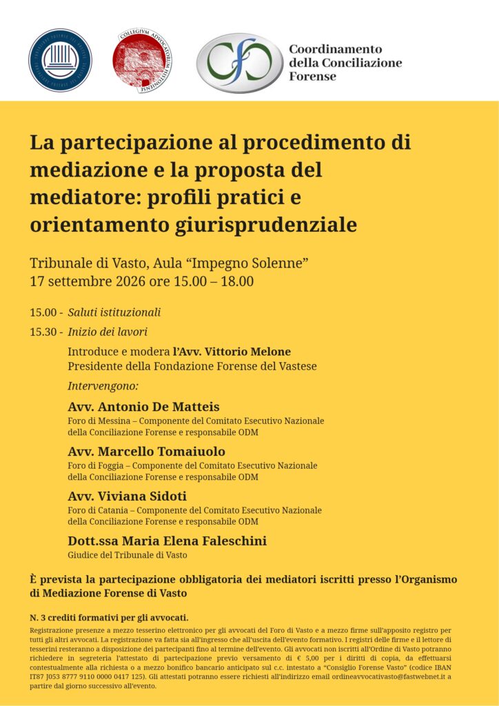 Convegno del 17 settembre 2026 presso il Tribunale di Vasto